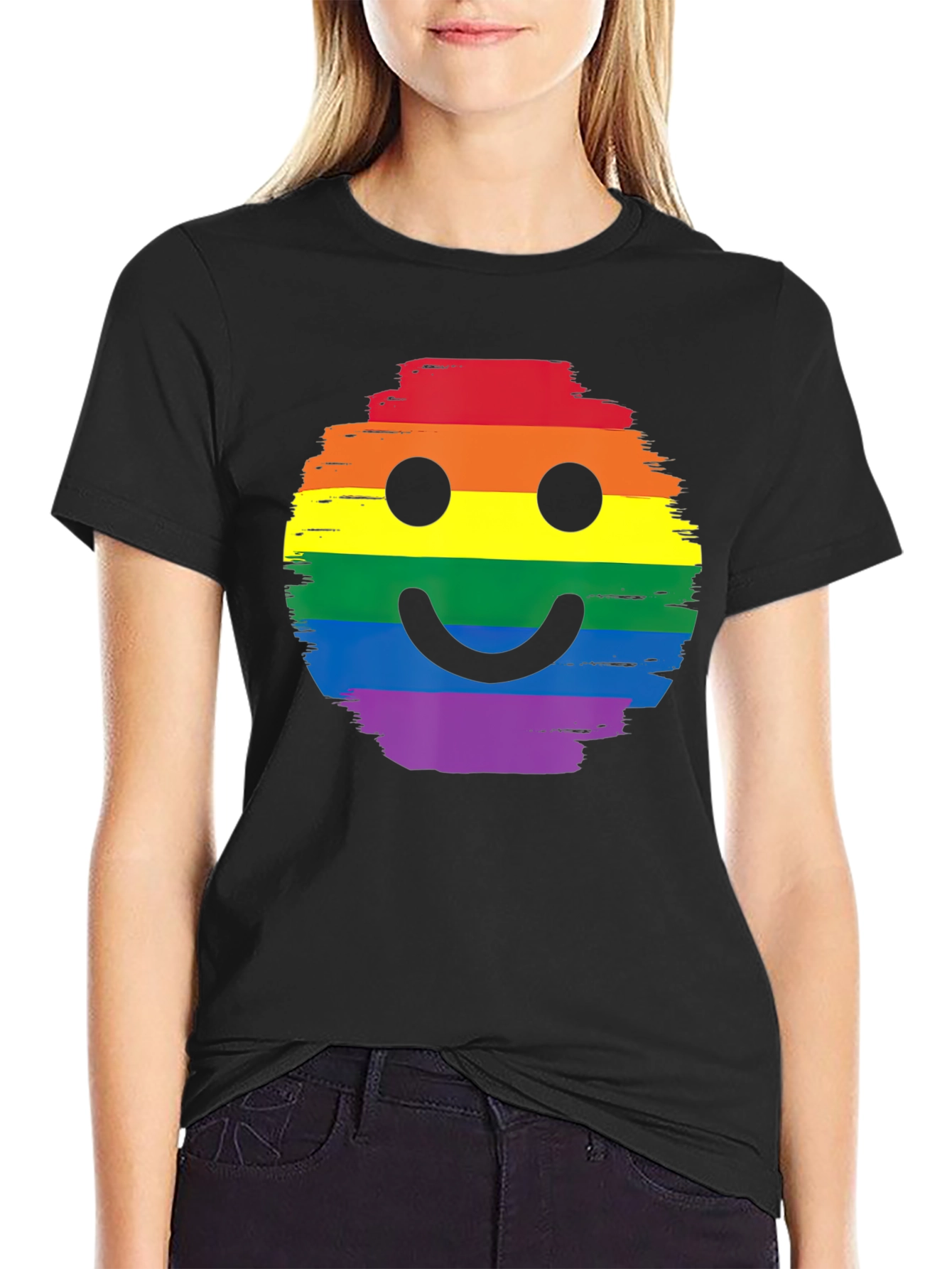 Rainbow Pride Smiley Face Black T-Shirt