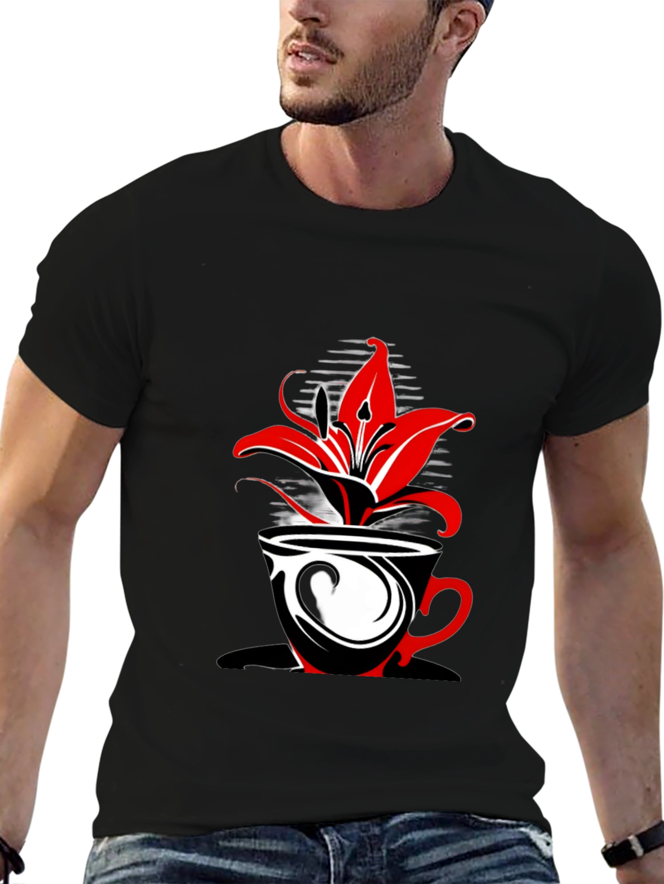 Floral Coffee Cup Graphic Tee - Black