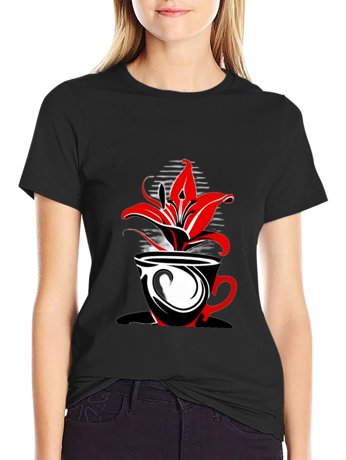 Floral Coffee Cup Graphic Tee - Black