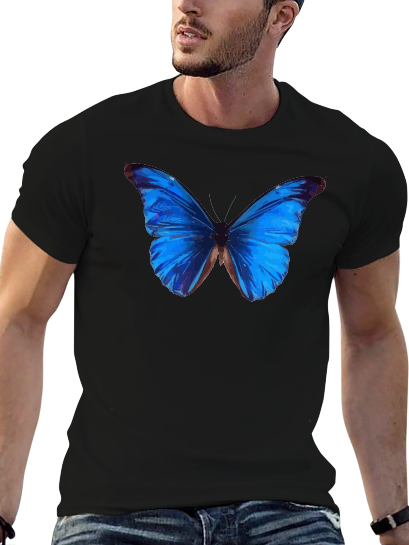 Blue Butterfly Graphic Black T-Shirt