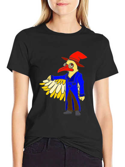 Whimsical Bird Cartoon Graphic Tee - Black