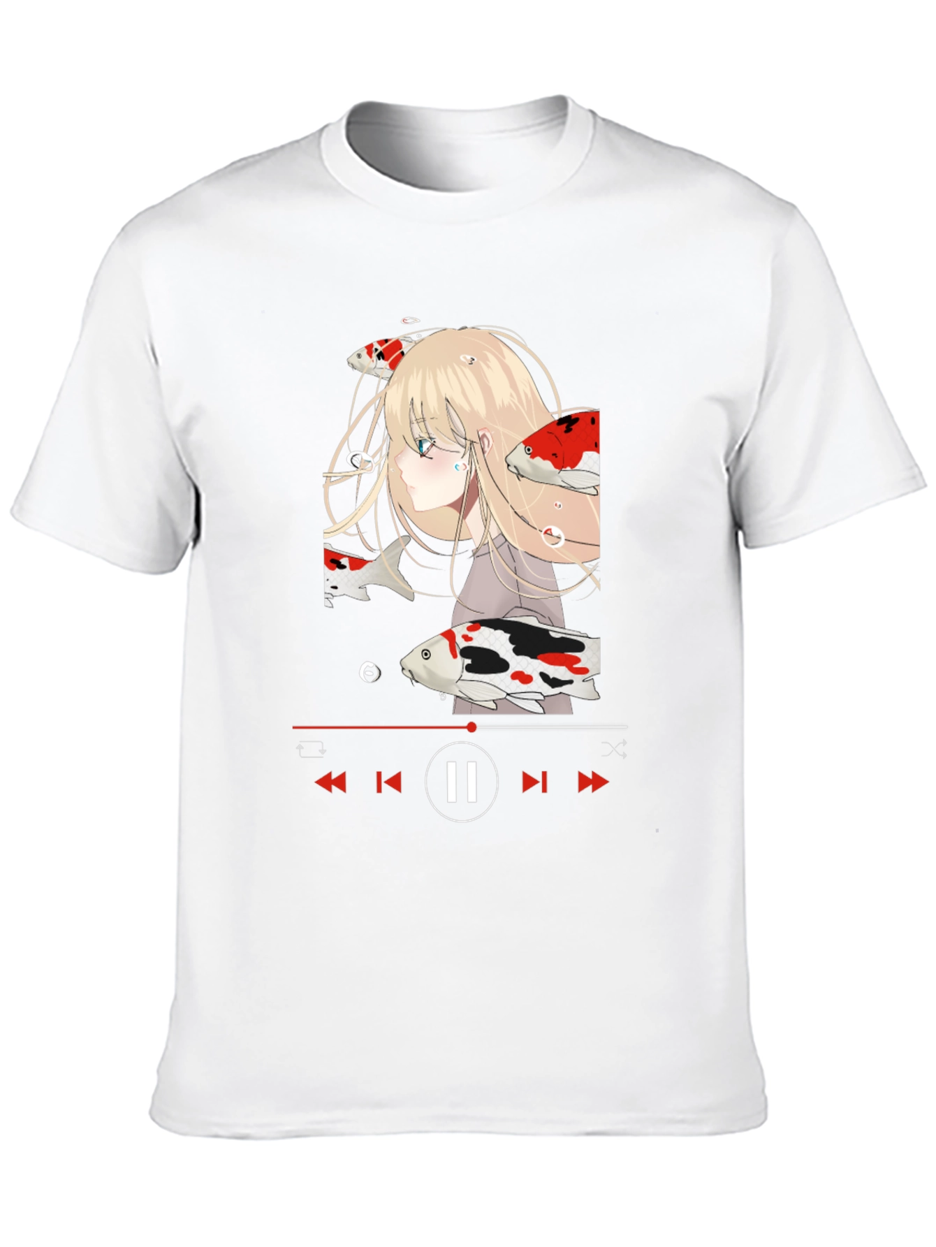 Anime Girl Koi Fish Music Player Black T-Shirt