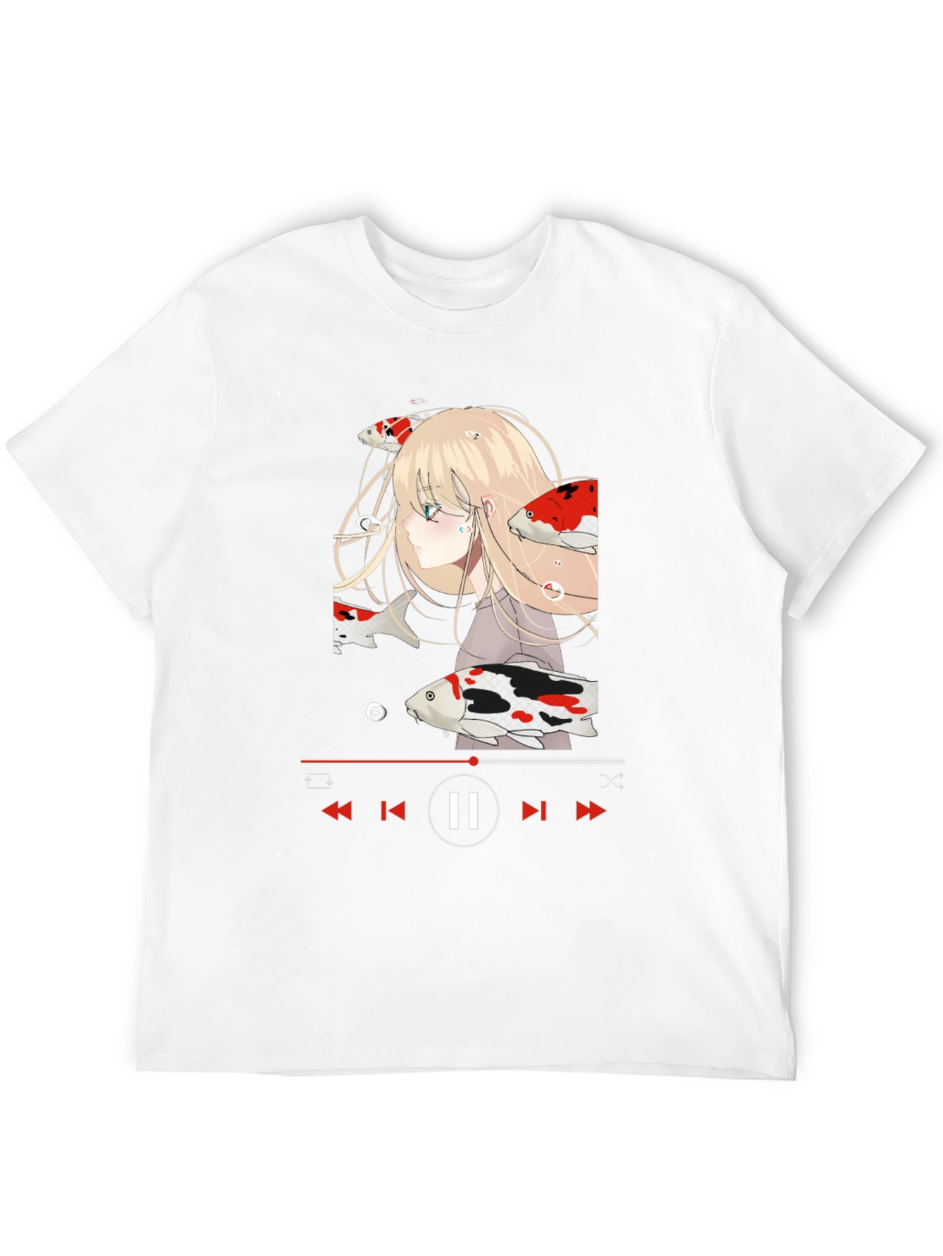 Anime Girl Koi Fish Music Player Black T-Shirt