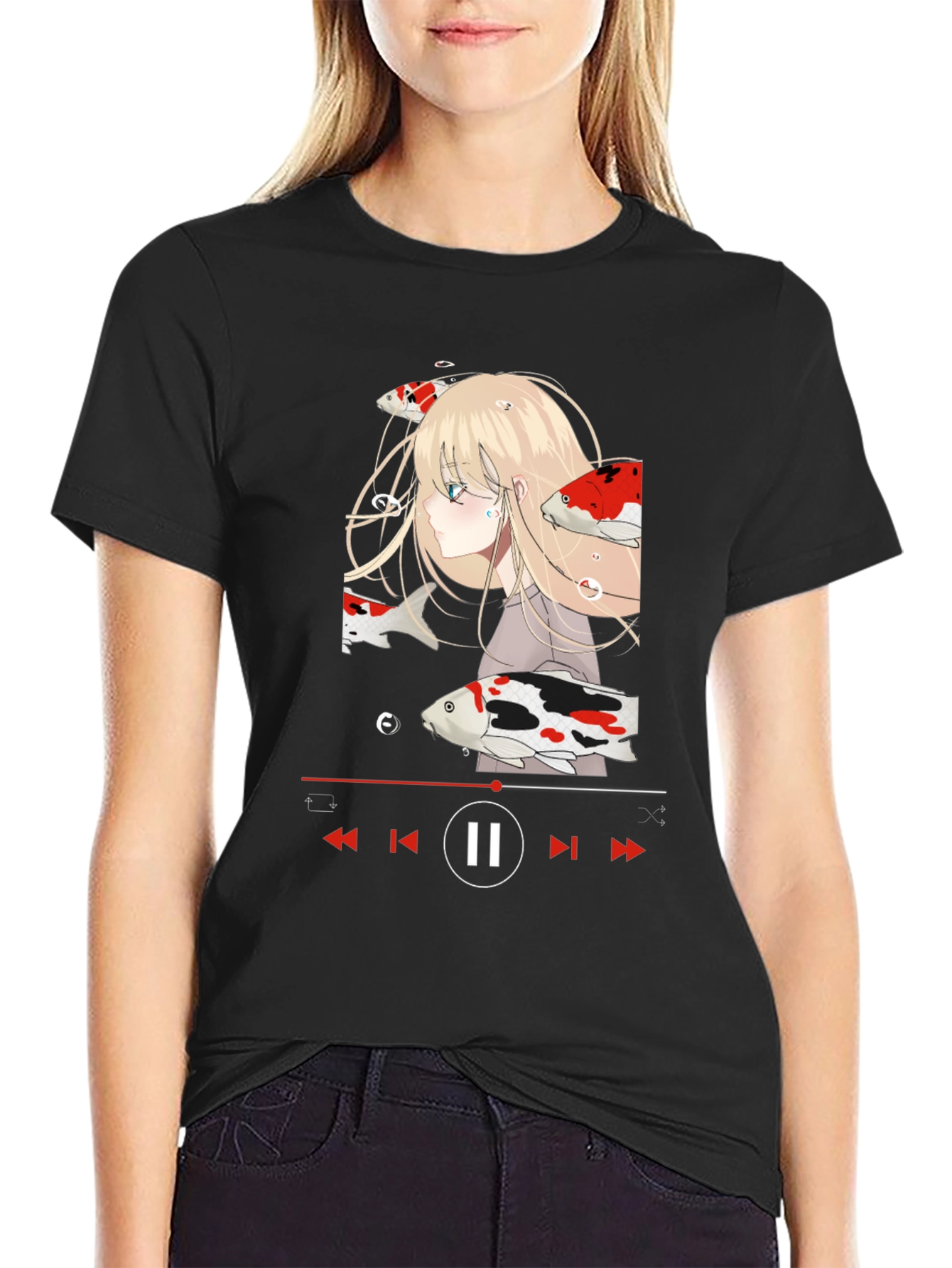 Anime Girl Koi Fish Music Player Black T-Shirt