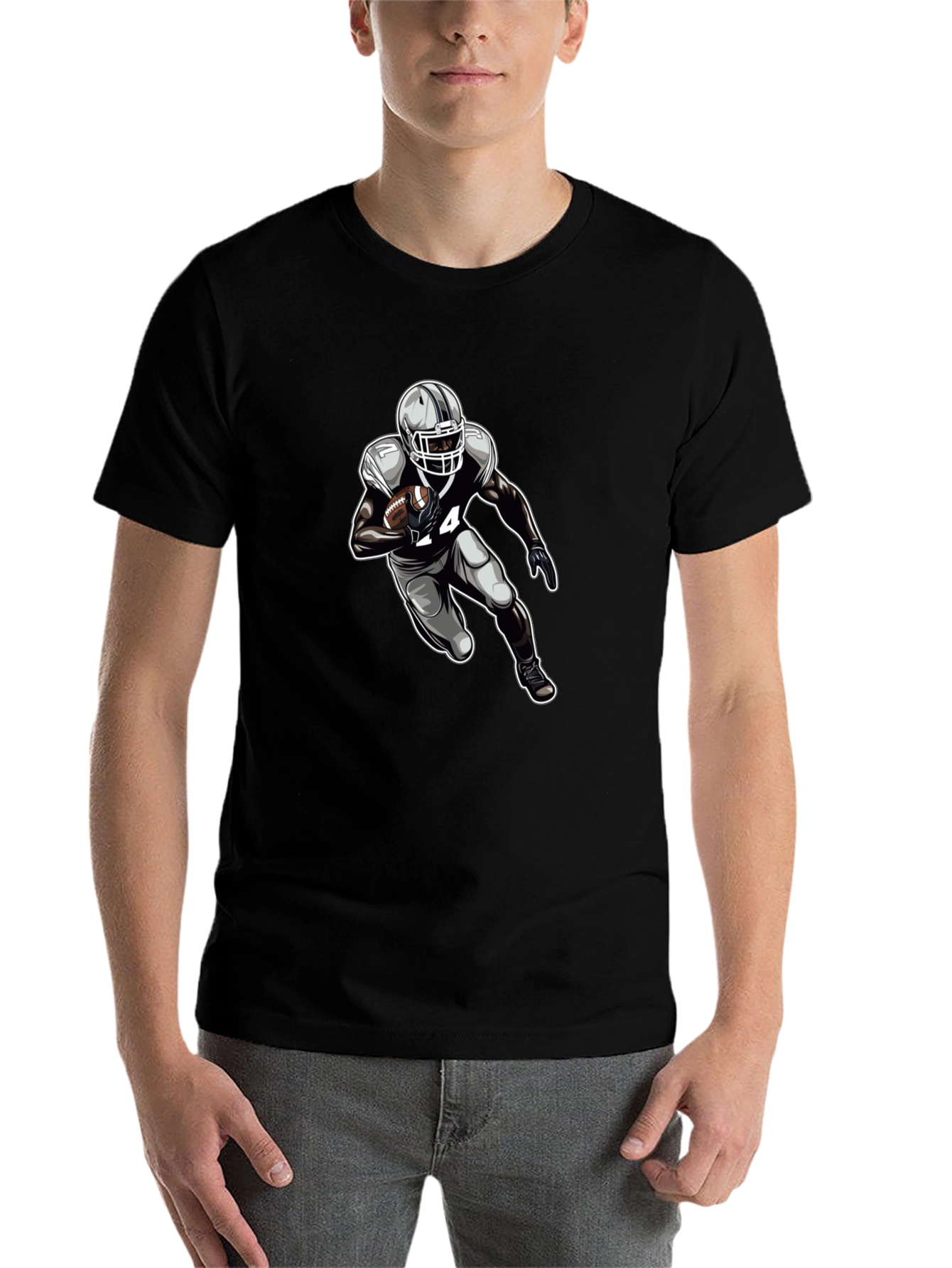 Football Player Graphic Tee - Black Cotton T-Shirt