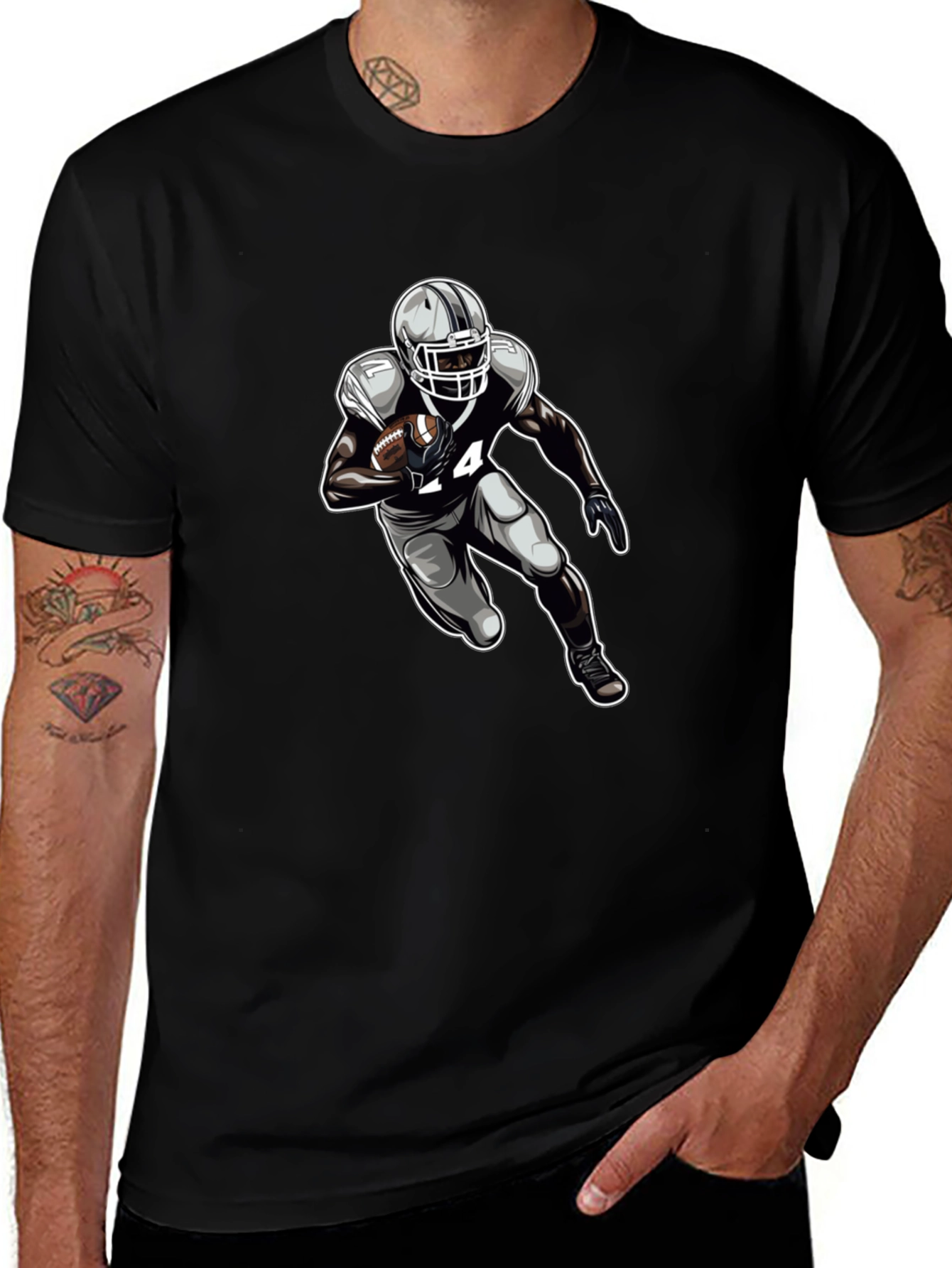 Football Player Graphic Tee - Black Cotton T-Shirt