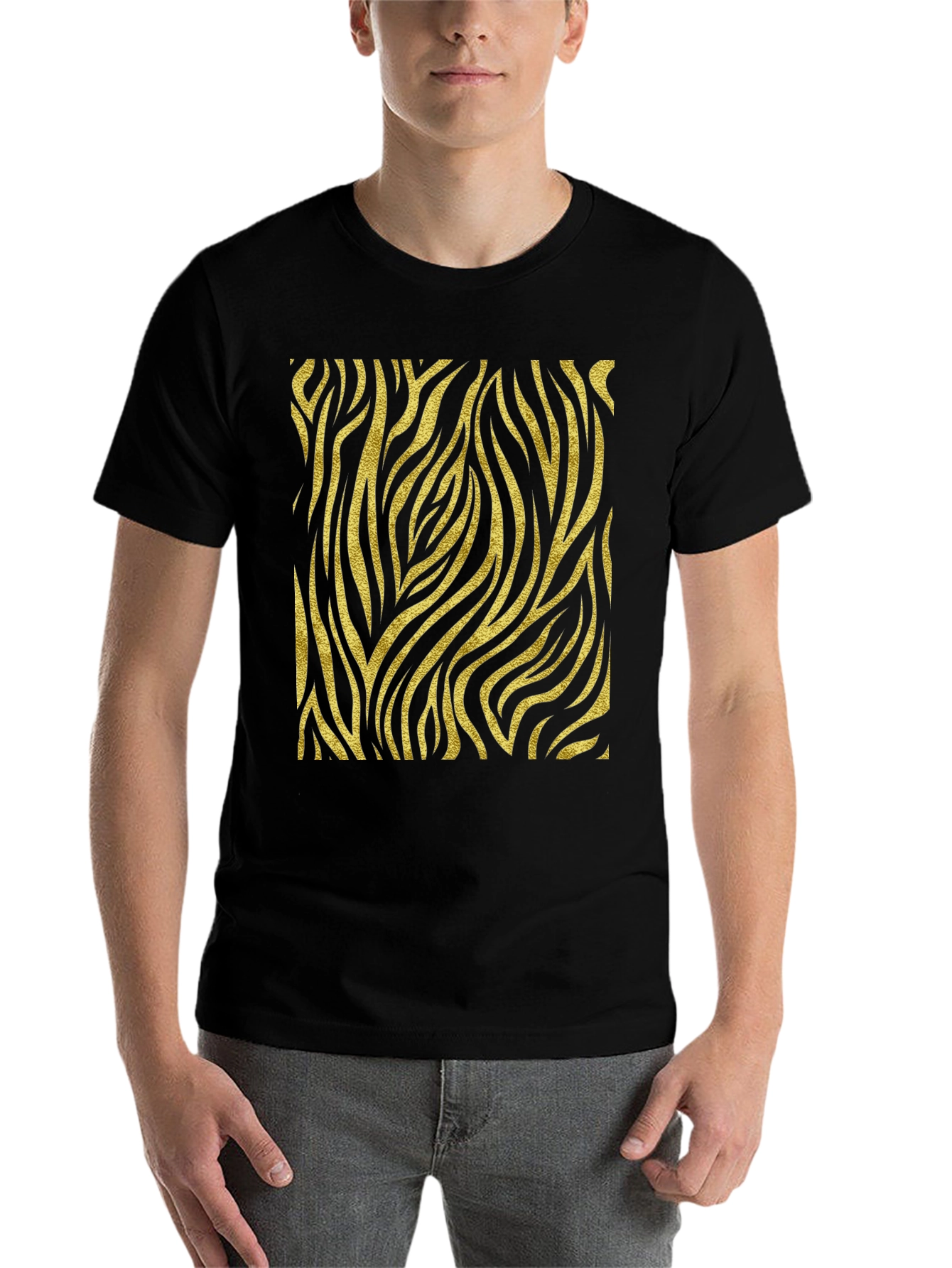 Mens Black T-Shirt with Gold Zebra Print
