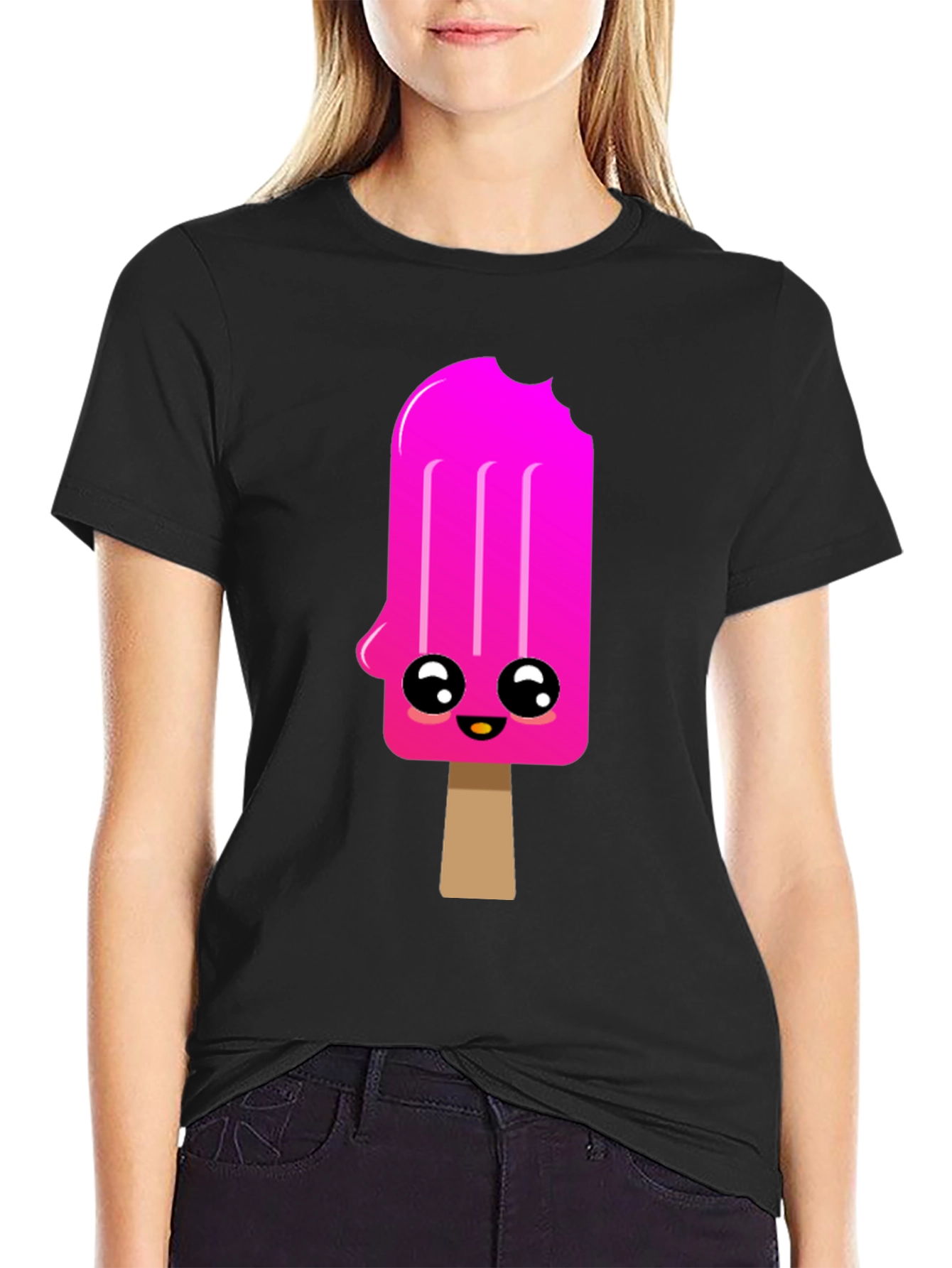 Kawaii Popsicle Graphic Tee - Black Cotton Blend Shirt