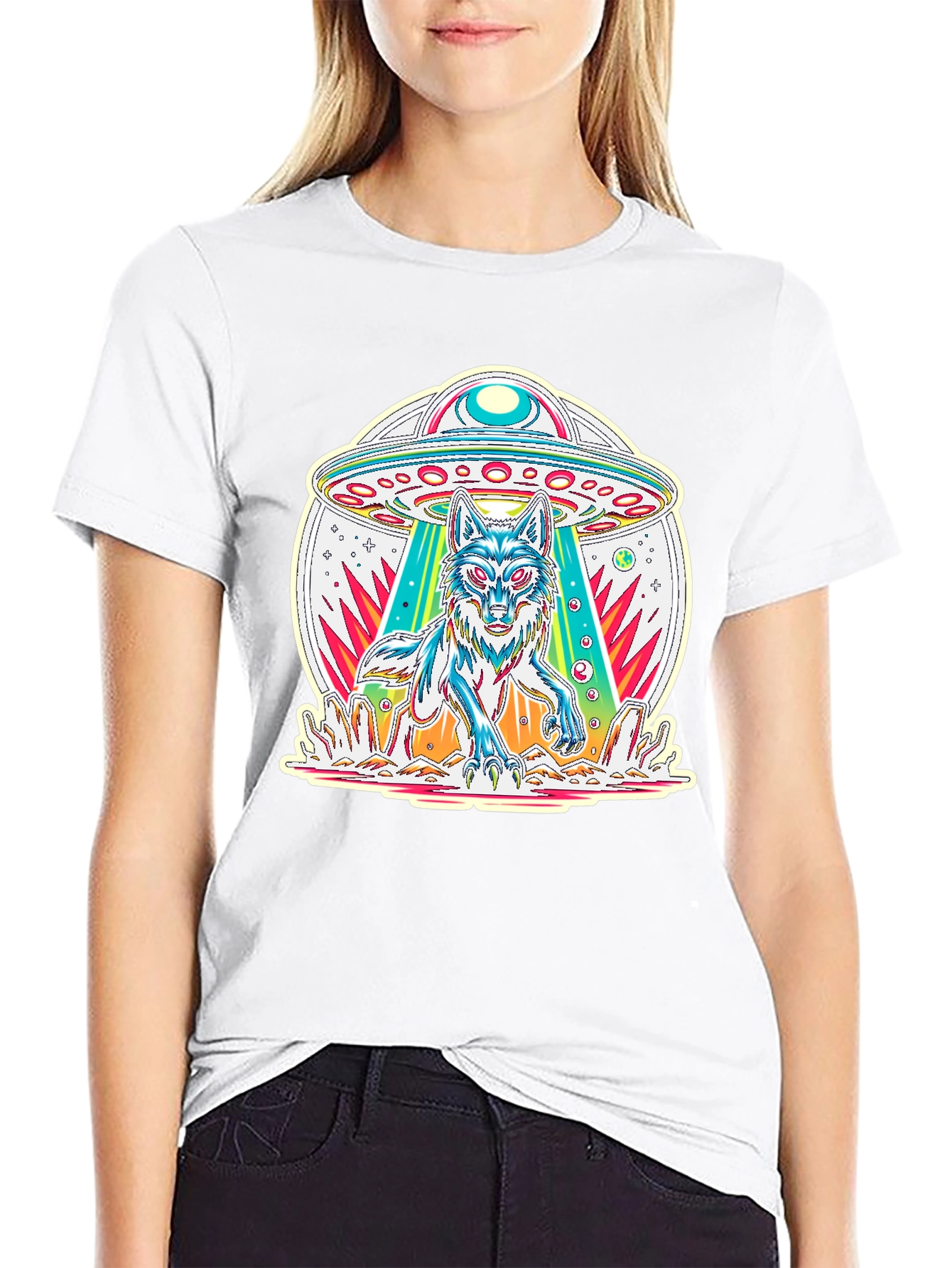 UFO Wolf Graphic Tee - Trendy Alien Abduction T-Shirt
