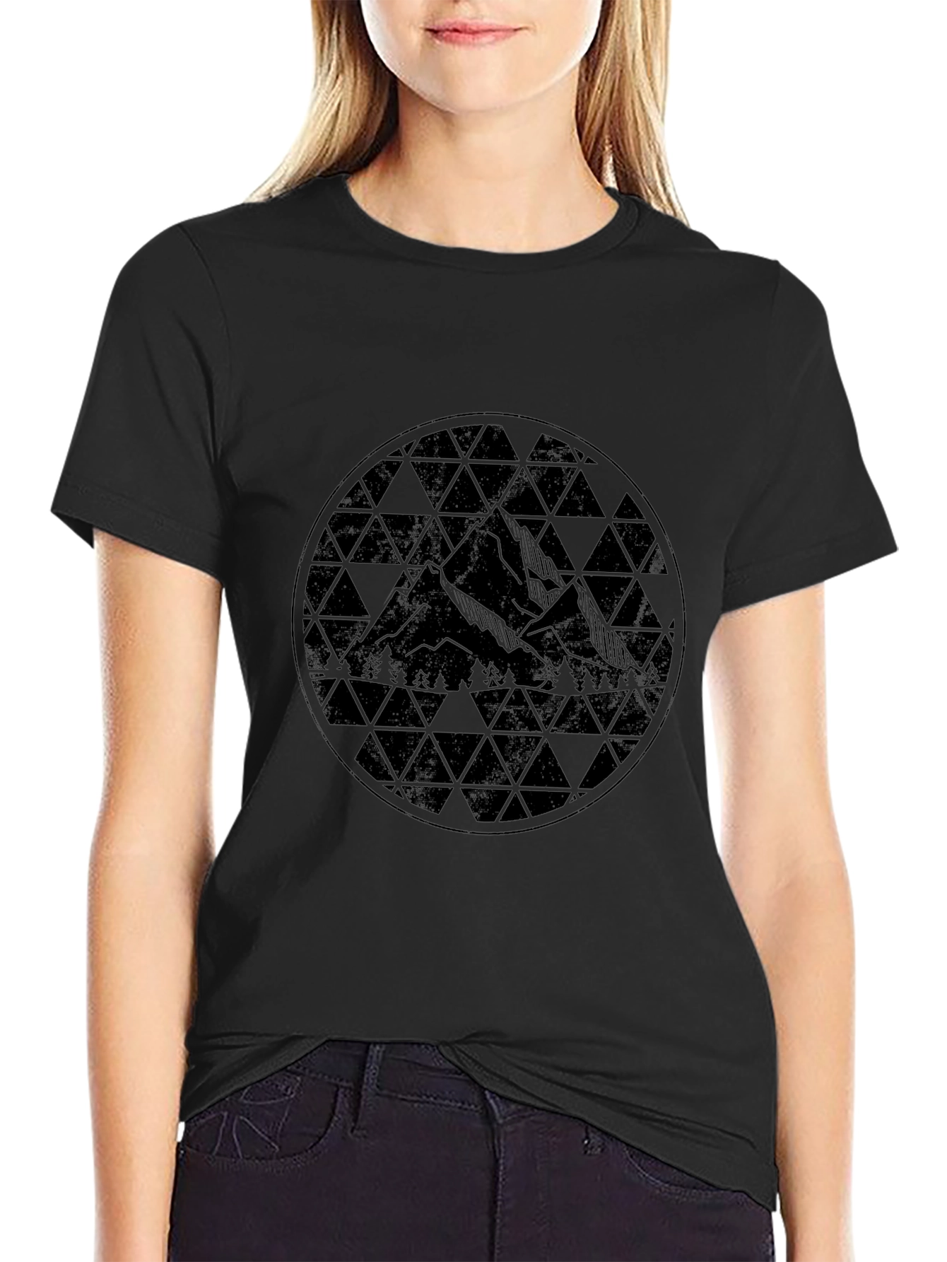 Geometric Mountain Design Black T-Shirt