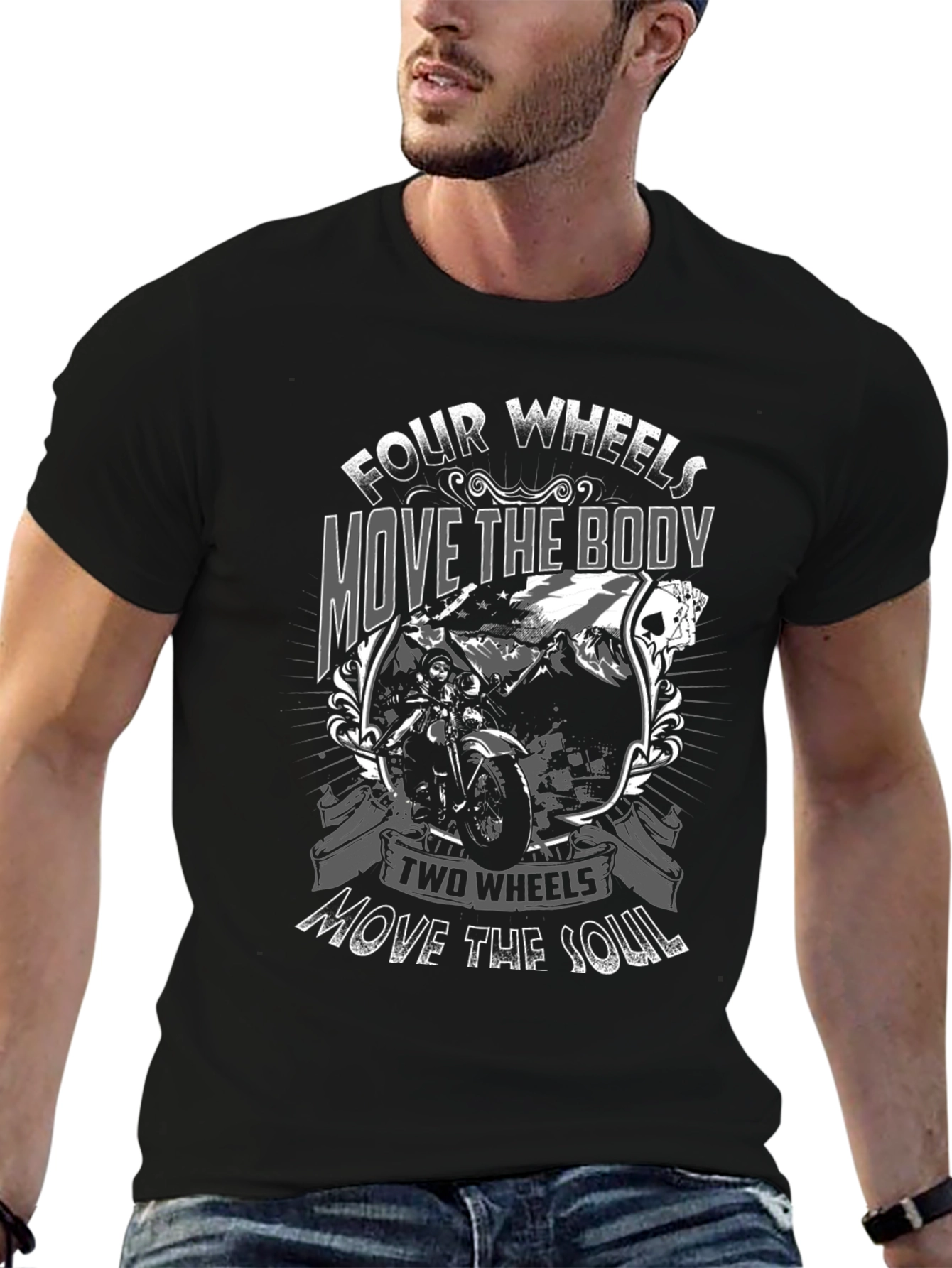 Motorcycle Graphic T-Shirt: Four Wheels Two Wheels