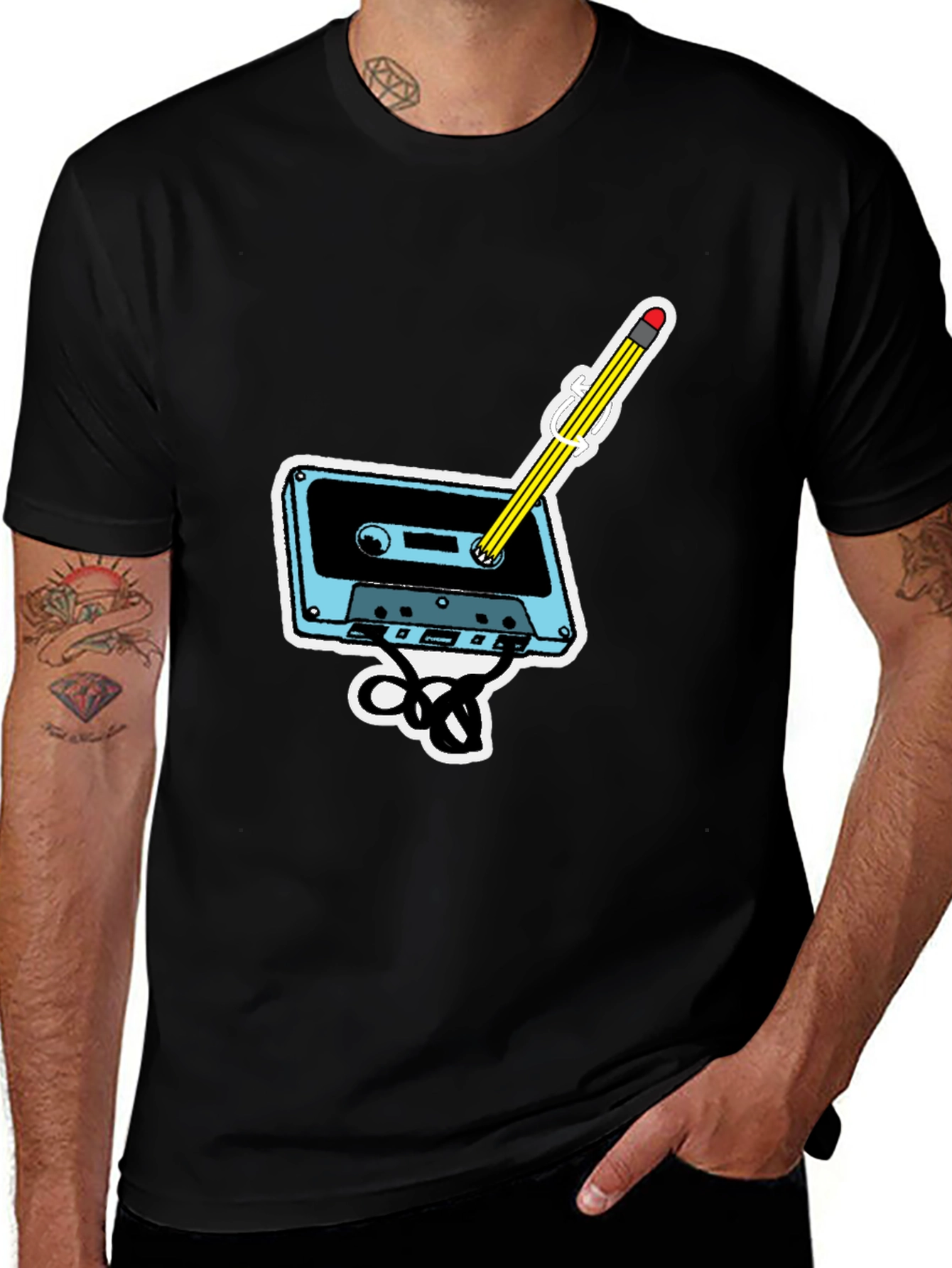 Retro Cassette & Pencil Graphic T-Shirt