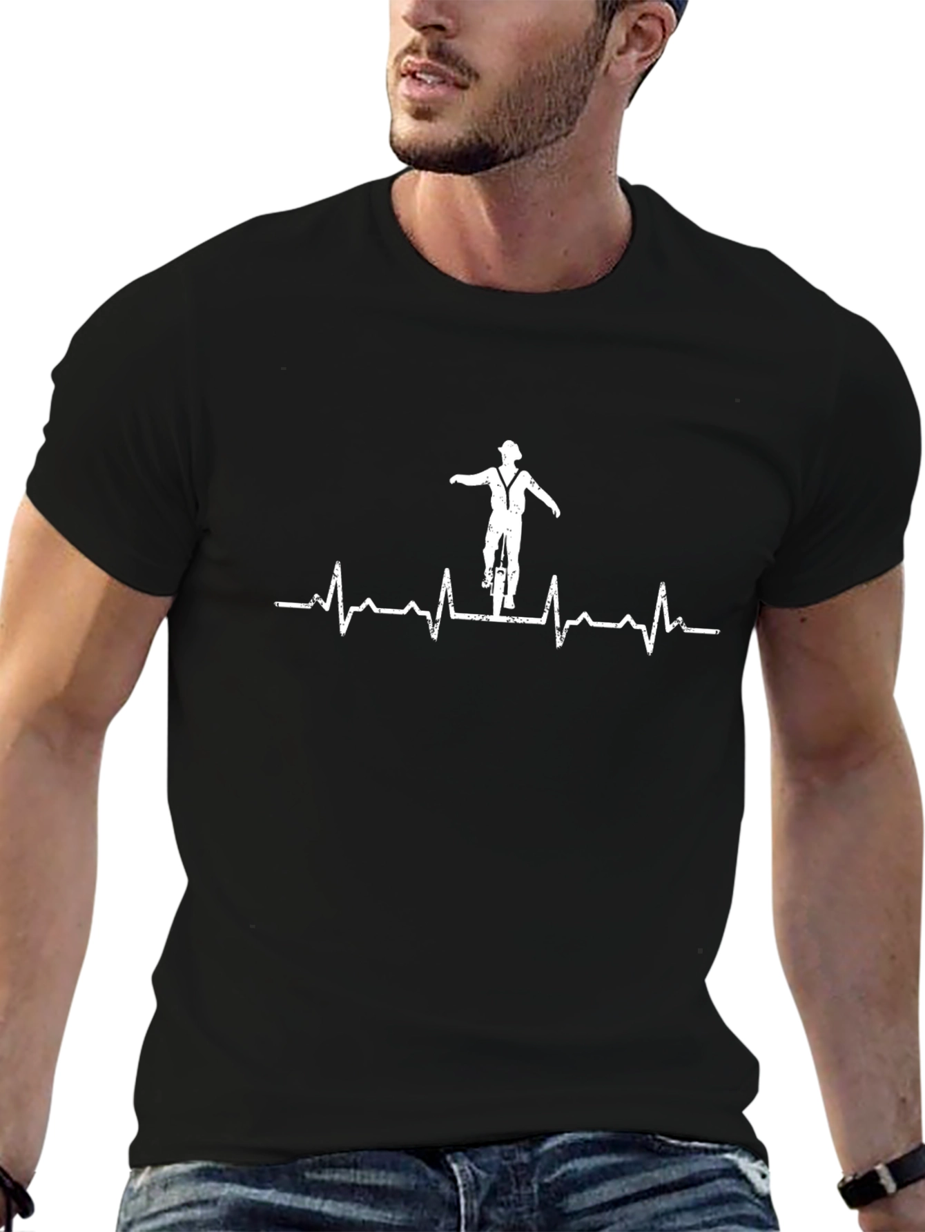Unicycle Heartbeat Graphic Tee - Black Cotton Shirt