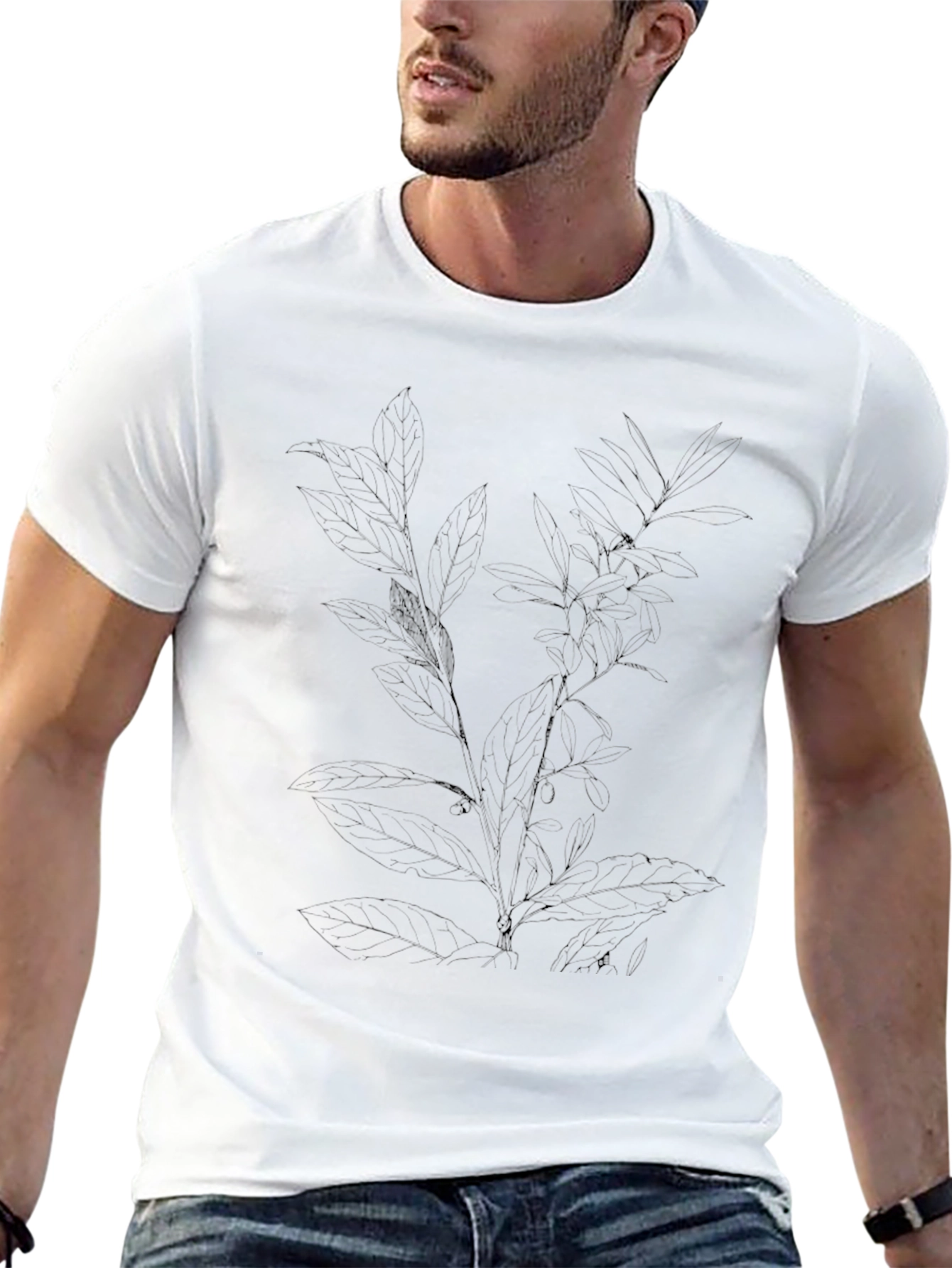 Mens Black Tee with Botanical Leaf Print