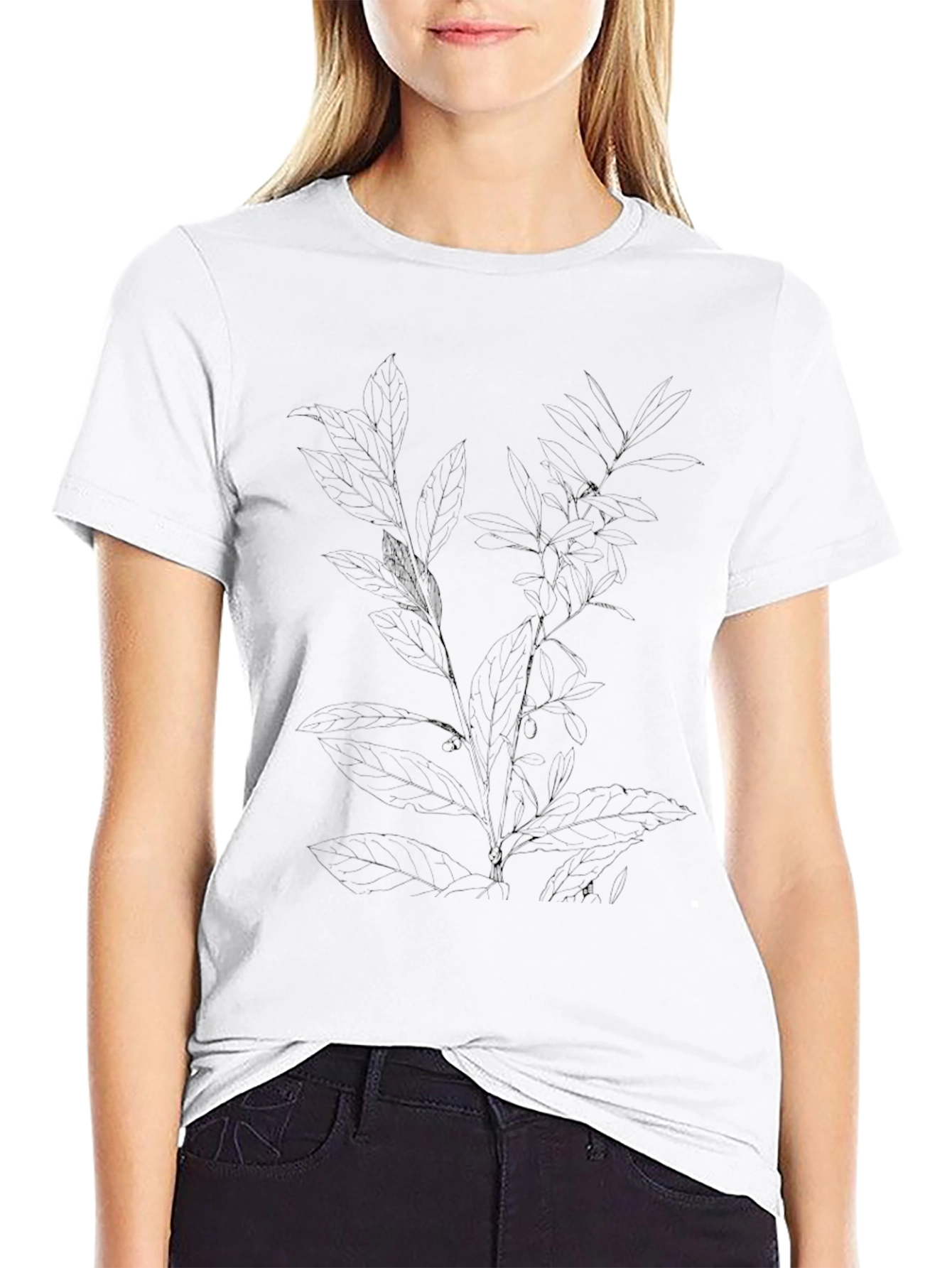 Mens Black Tee with Botanical Leaf Print