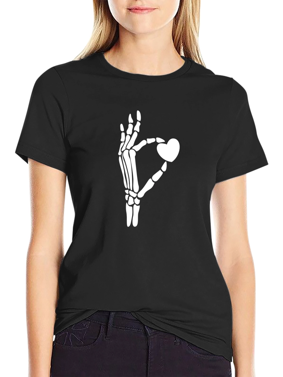 Skeleton Hand Heart Graphic Tee - Black