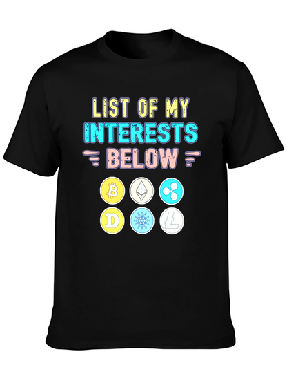 Crypto Interests T-Shirt Bitcoin Ethereum Cardano Litecoin