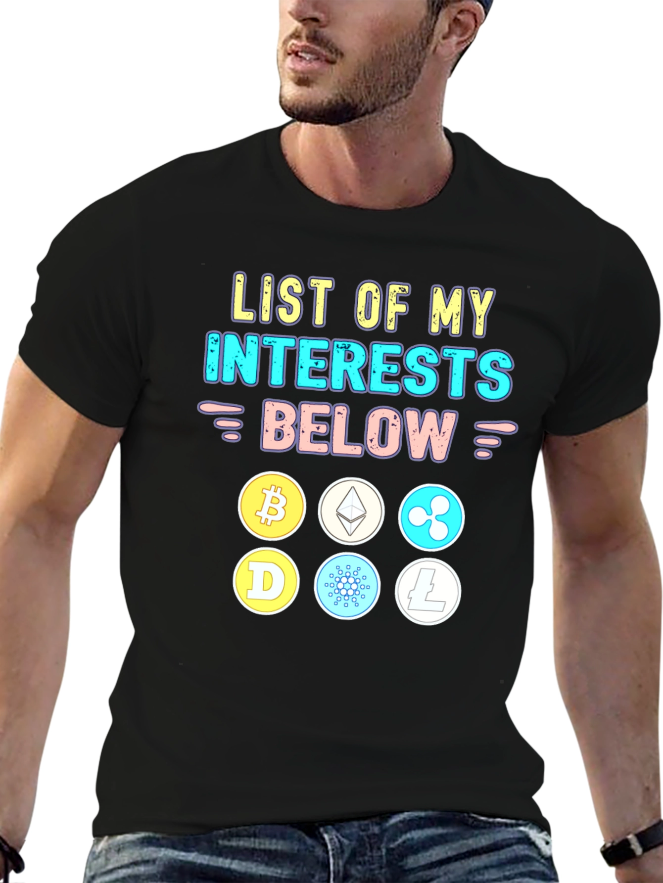 Crypto Interests T-Shirt Bitcoin Ethereum Cardano Litecoin