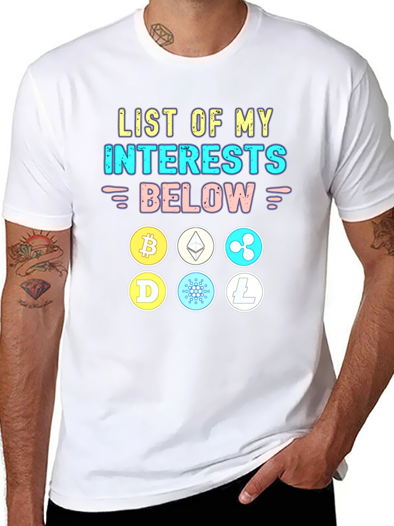 Crypto Interests T-Shirt Bitcoin Ethereum Cardano Litecoin