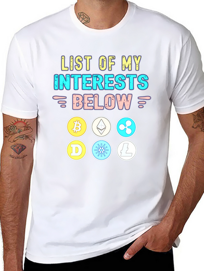 Crypto Interests T-Shirt Bitcoin Ethereum Cardano Litecoin