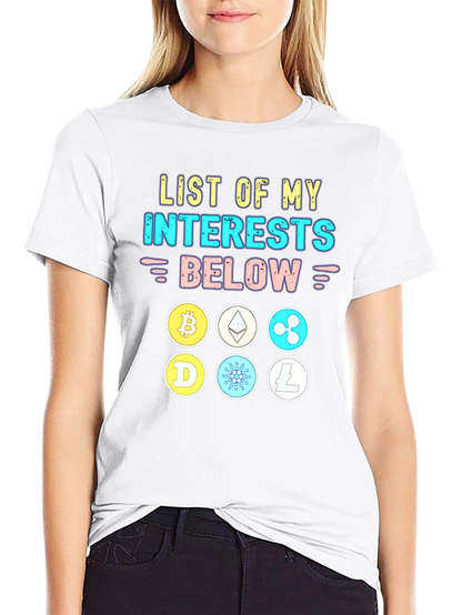 Crypto Interests T-Shirt Bitcoin Ethereum Cardano Litecoin