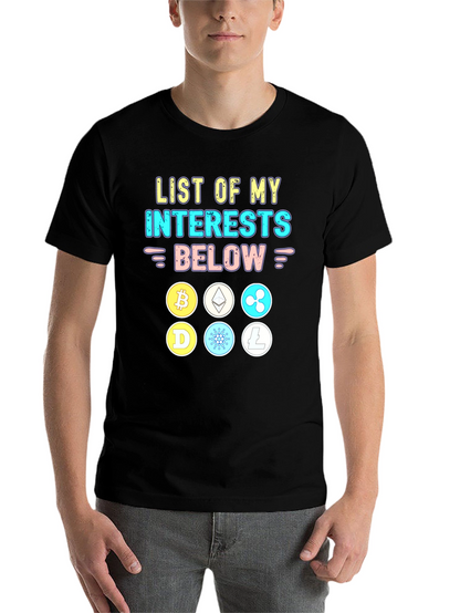 Crypto Interests T-Shirt Bitcoin Ethereum Cardano Litecoin