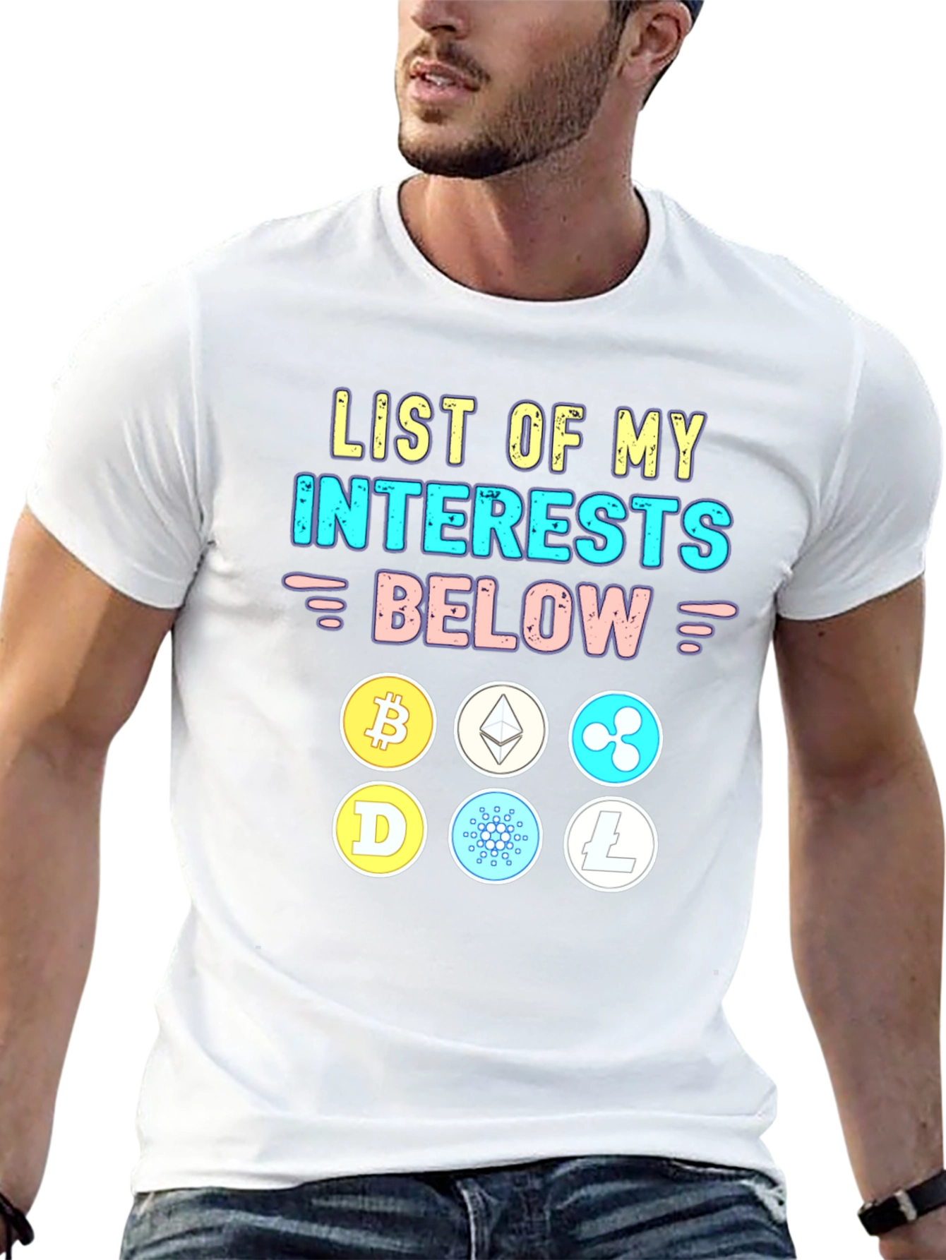 Crypto Interests T-Shirt Bitcoin Ethereum Cardano Litecoin