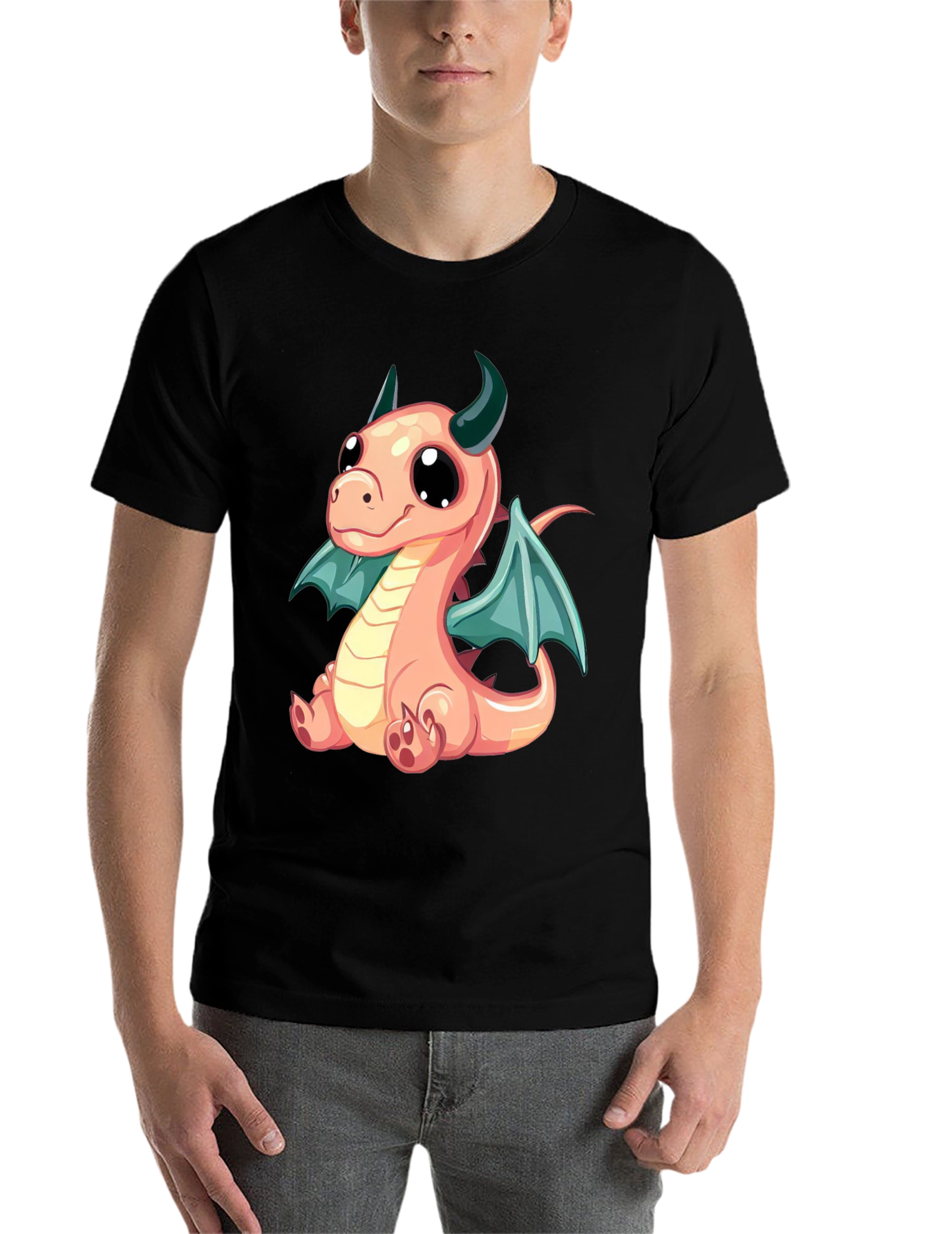 Cute Cartoon Dragon Graphic Tee - Black