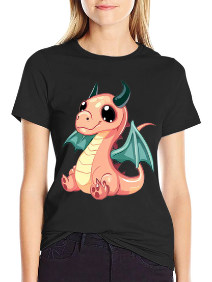 Cute Cartoon Dragon Graphic Tee - Black