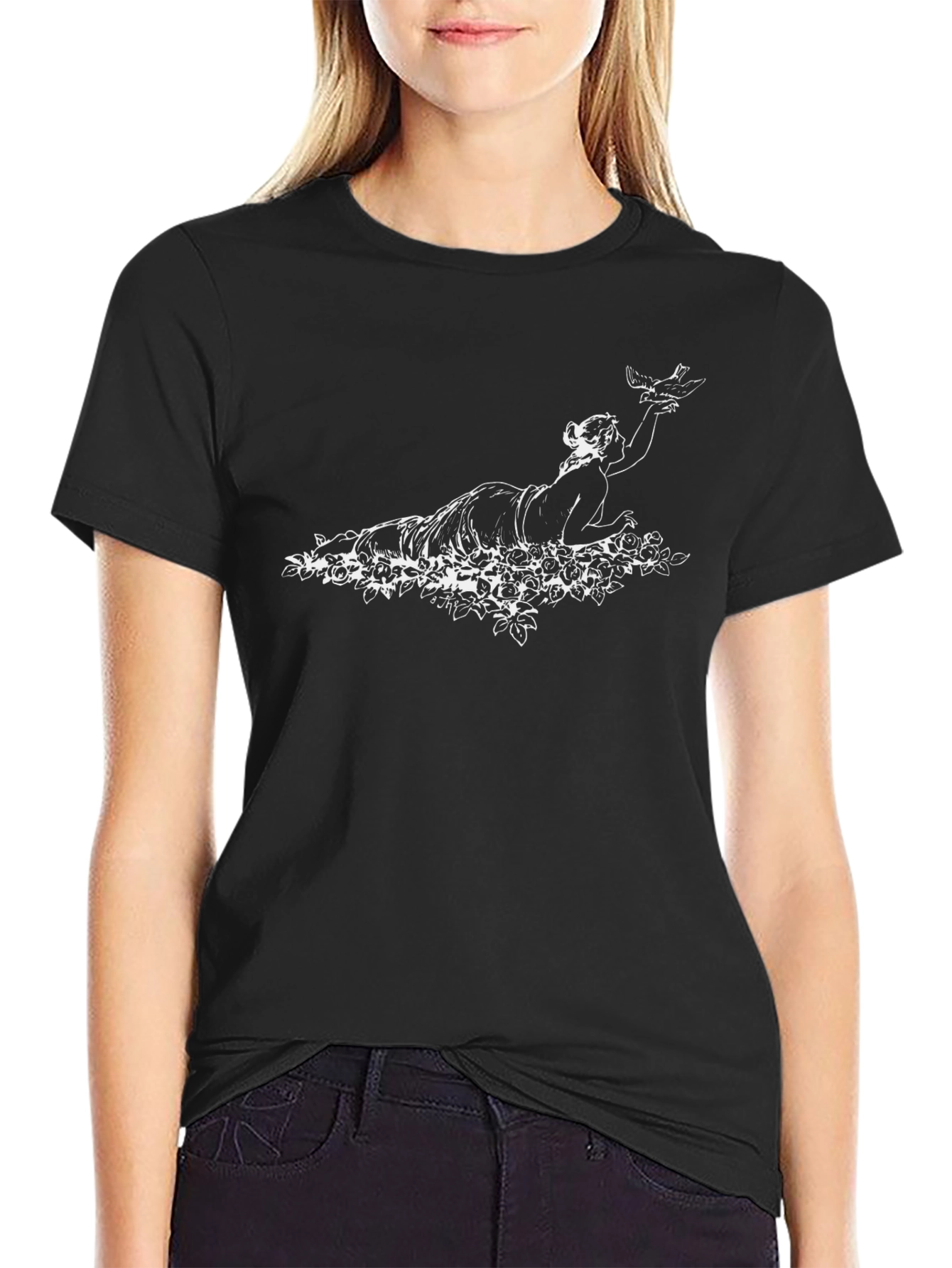 Elegant Black Tee with Woman & Bird Graphic