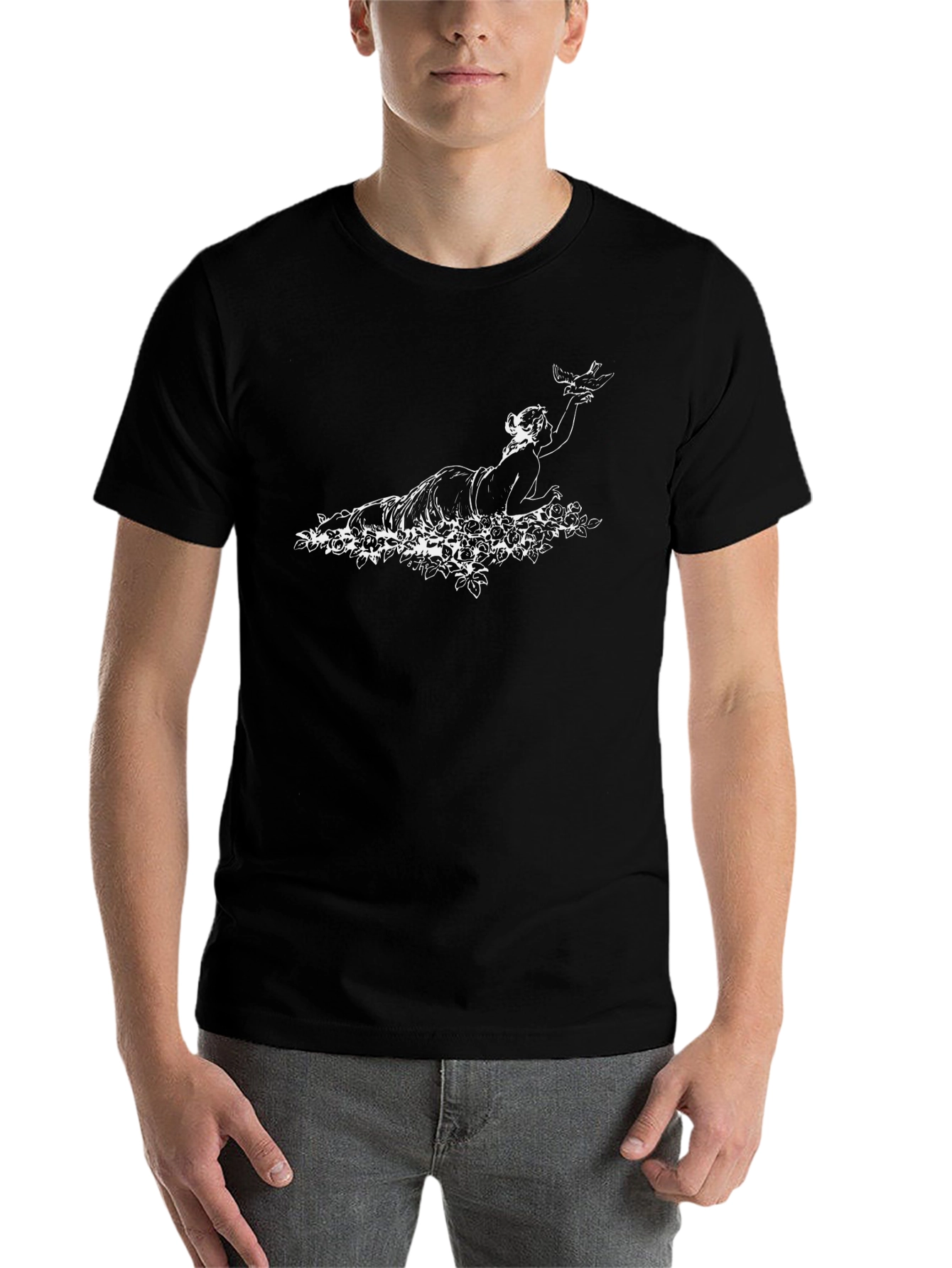Elegant Black Tee with Woman & Bird Graphic