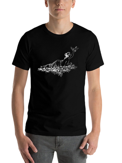 Elegant Black Tee with Woman & Bird Graphic