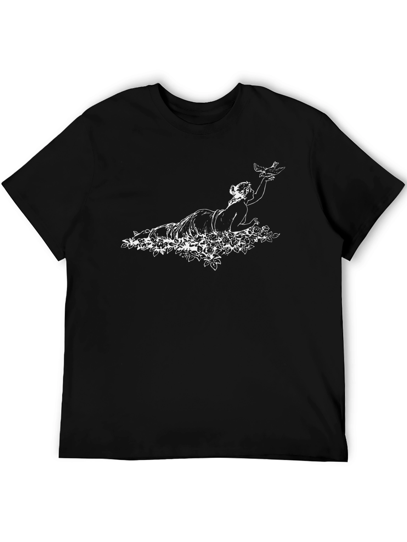 Elegant Black Tee with Woman & Bird Graphic