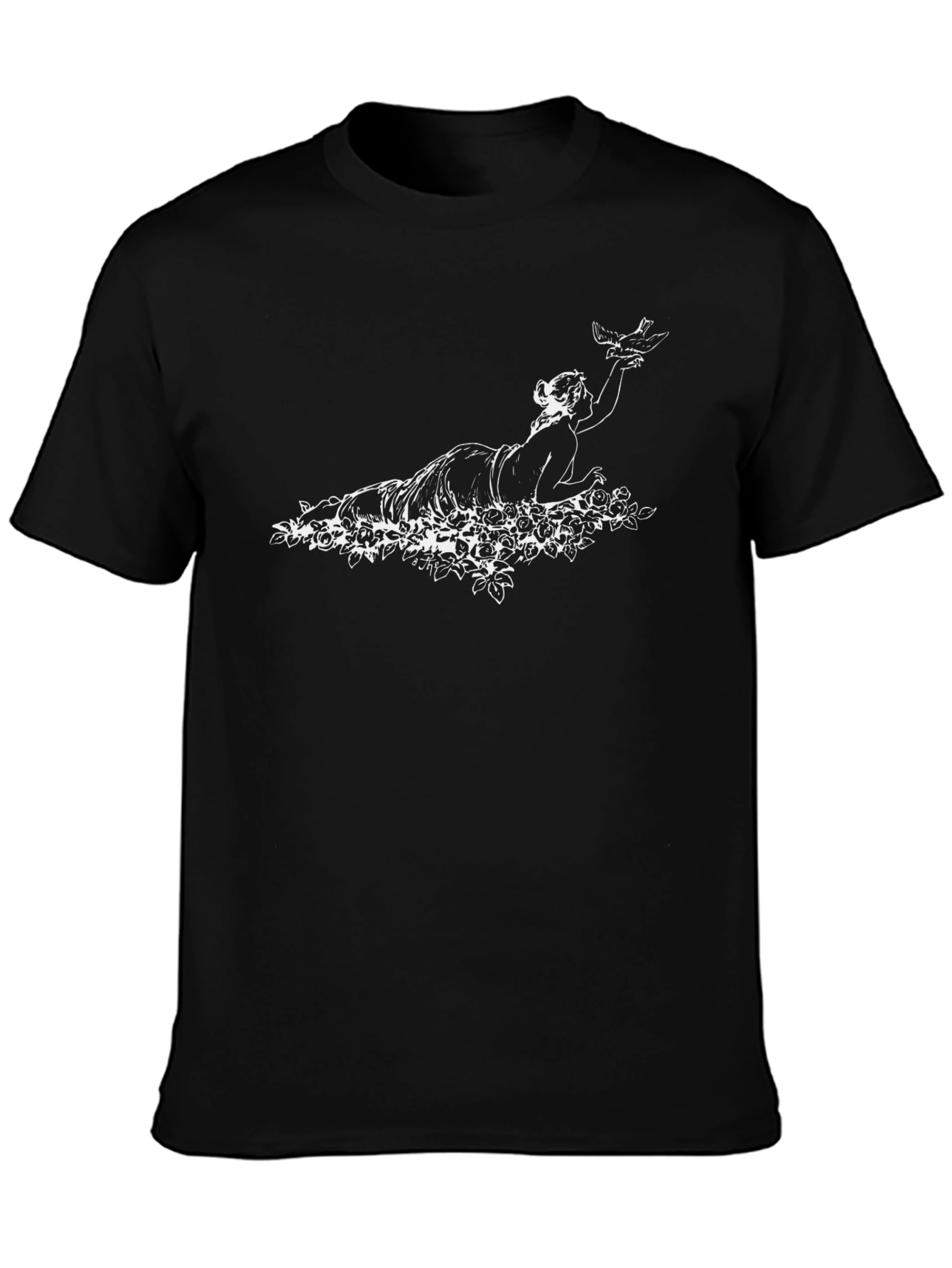 Elegant Black Tee with Woman & Bird Graphic