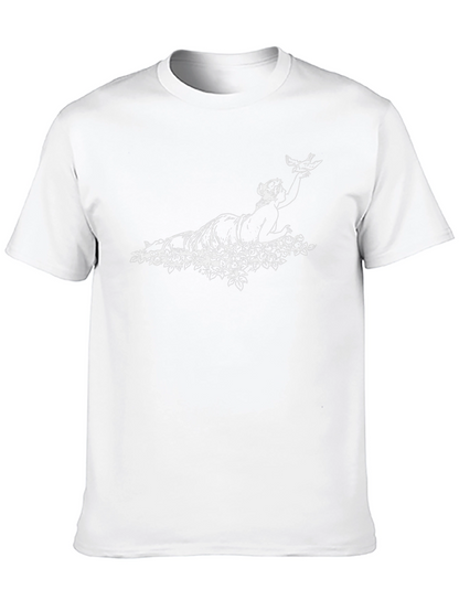 Elegant Black Tee with Woman & Bird Graphic